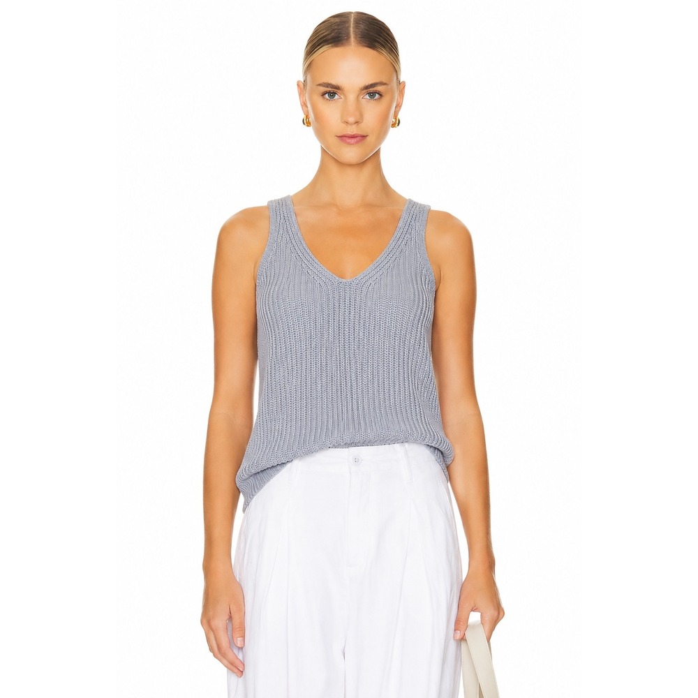 John + Jenn Light Blue 100% Cotton Ribbed V-Neck Knit Tank Top Sleeveless
